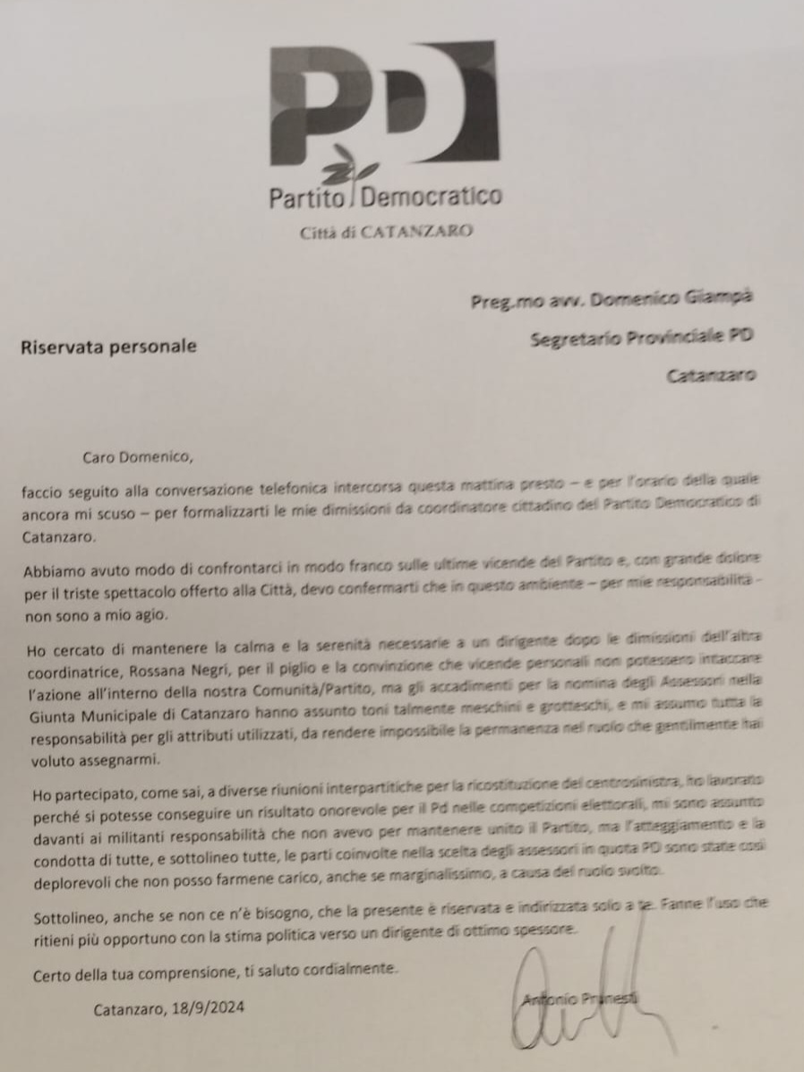 Documento dimissioni Antonio Prunestì