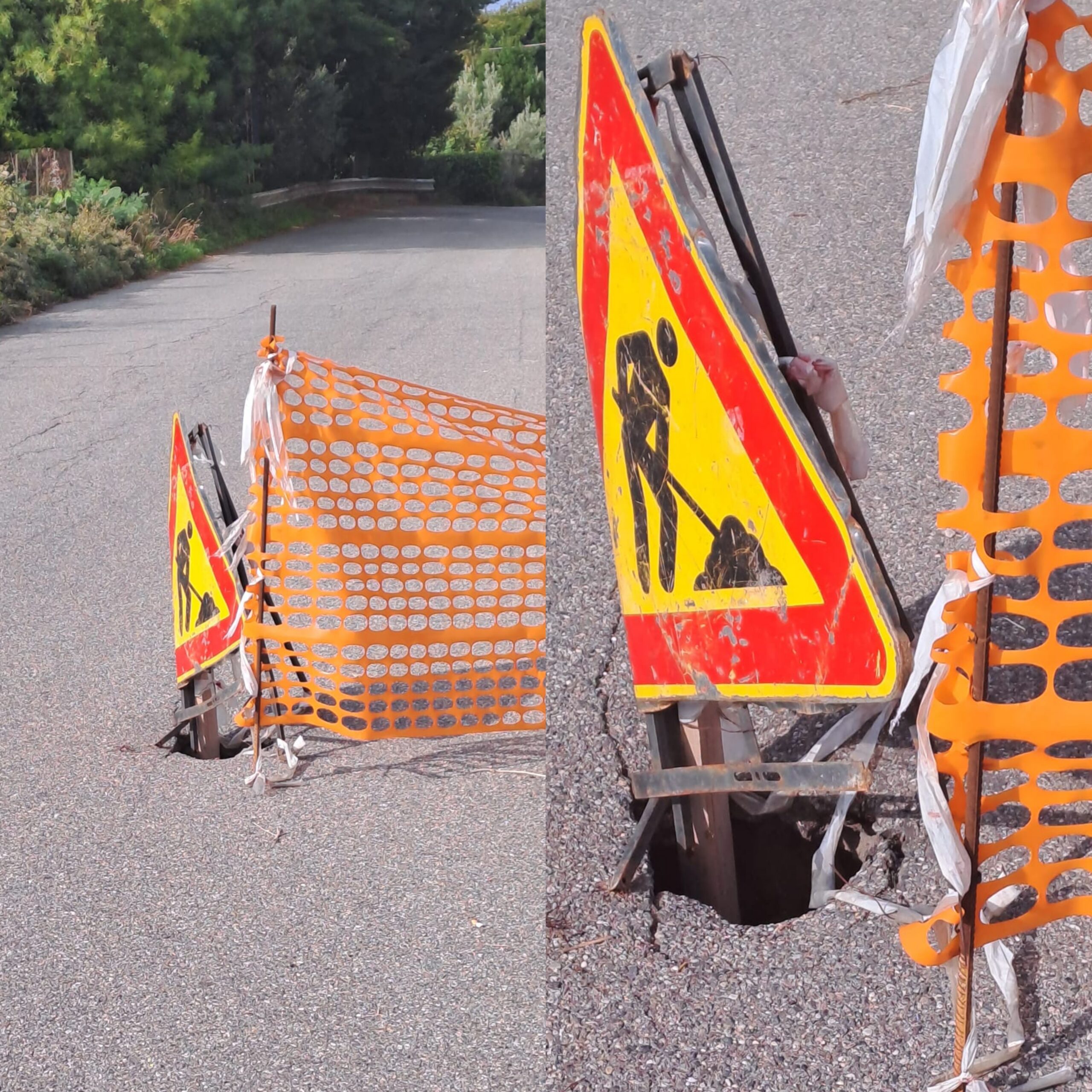 Catanzaro, quartiere Gagliano, Via per Gimigliano. Una delle tante periferie ('remote') del capoluogo. Dove, sul manto stradale, si forma una buca. Una delle mille della città, peraltro. E allora, chi di competenza, cosa fa? Ha l'ideona! Che, a vedere le nostre foto, pare essere stata: "La segnaliamo con un cartello, mezzo rotto per giunta, e soprattutto la impacchettiamo. Sì. Ci mettiamo intorno una bella rete rossa. Allegra e colorata. Così magari qualcuno la considera la carta di un bel cabaret di dolci". E la riparazione, che a occhio e pur da ignoranti in materia ci pare dovrebbe richiedere un intervento di un paio di operai al massimo e di una spesa irrisoria? Poi se ne parla. Intanto, senza parlare dei rischi per la viabilità con quel buco in centro carreggiata, se dovesse venire a piovere nei prossimi giorni, la situazione potrebbe farsi molto, molto, peggiore.  Tanto da creare ulteriori e maggiori rischi e forse un esborso per il ripristino del manto stradale assai più ingente di quanto non sia ora. L'auspicio, quindi, è che chi di competenza intervenga al più presto possibile.