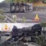 Frascineto-Sibari (A2 dir. Sud, Cs), autoarticolato con motrice e rimorchio, entrambi ribaltati. Ferito seriamente autista 50enne